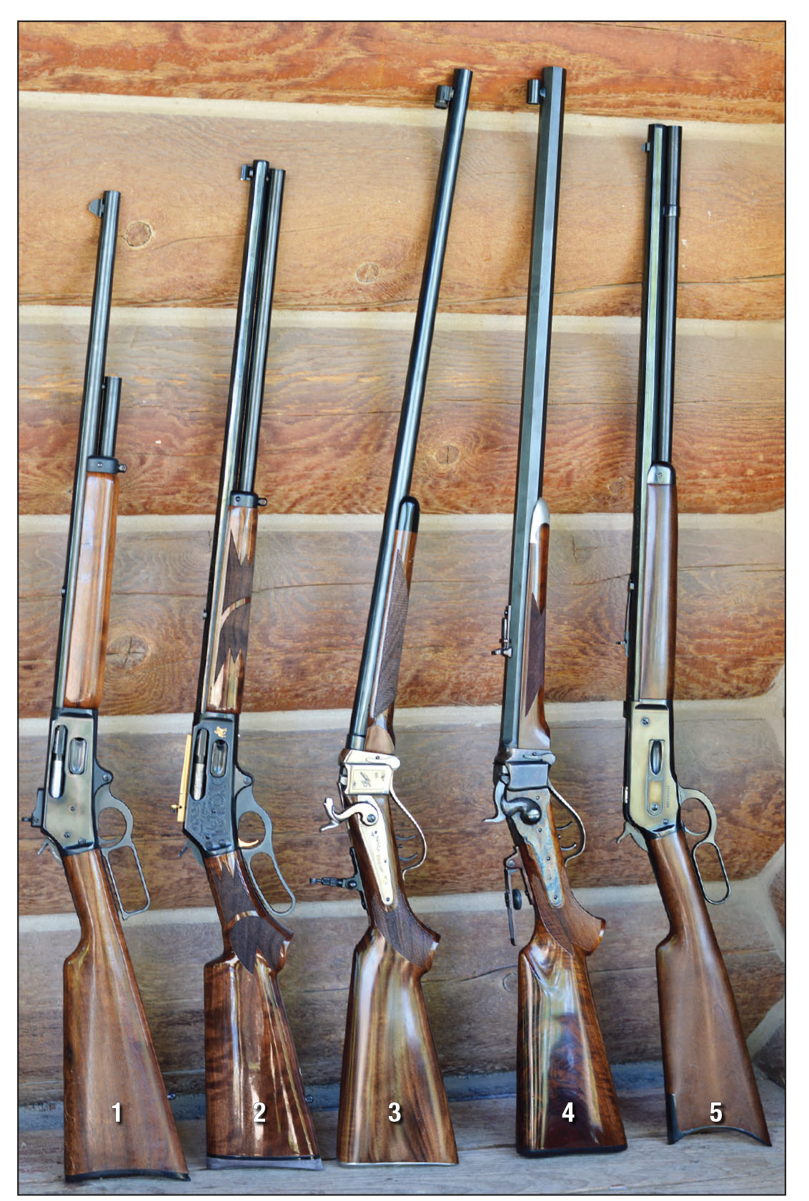 The .45-70 has found great favor among hunters, target shooters and cowboy action competitors. Examples include a (1) Marlin Model 1895 (1972 vintage), (2) Marlin Model 1895LTD Limited Edition, (3) Lyman/Pedersoli Model 1878 Sharps, (4) Shiloh Sharps Model 1874 and (5) Browning Model 1886 rifle.